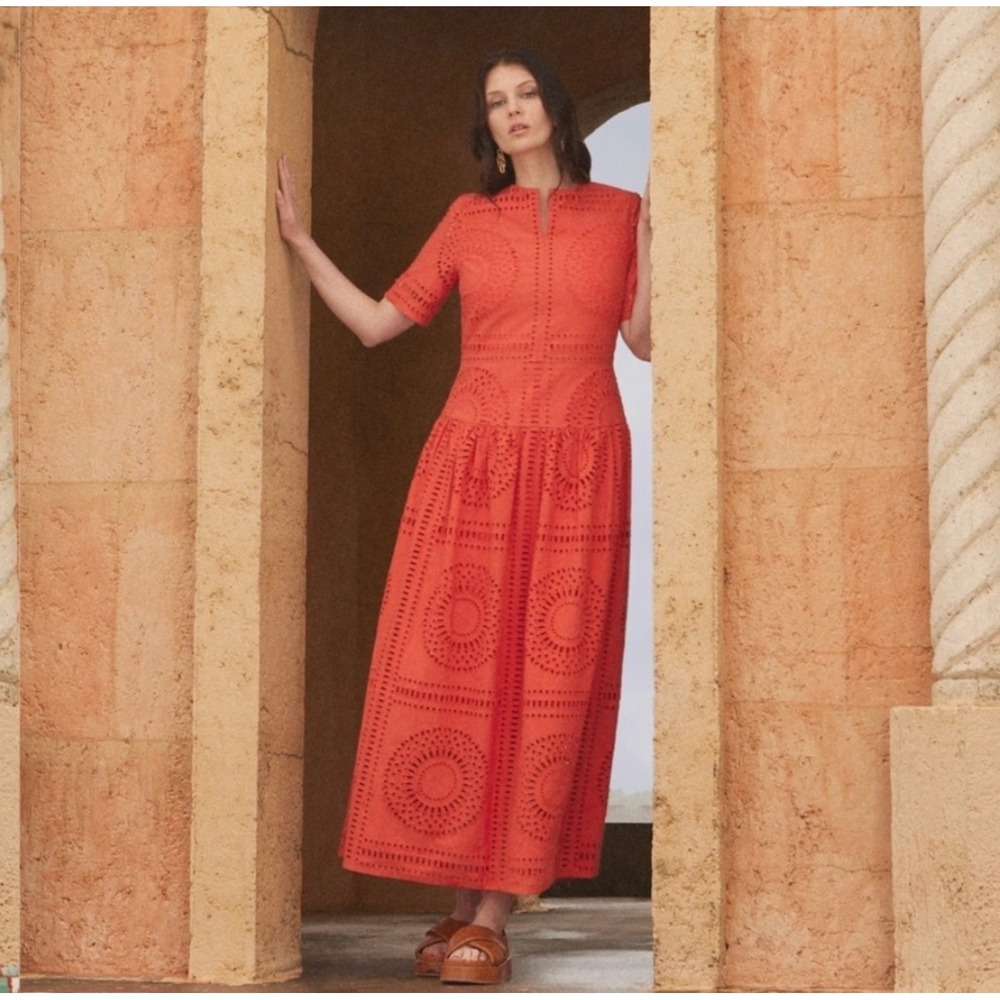 Misook Spice Eyelet Drop Waist Maxi Dress Orange Elevated Boho Size Medium